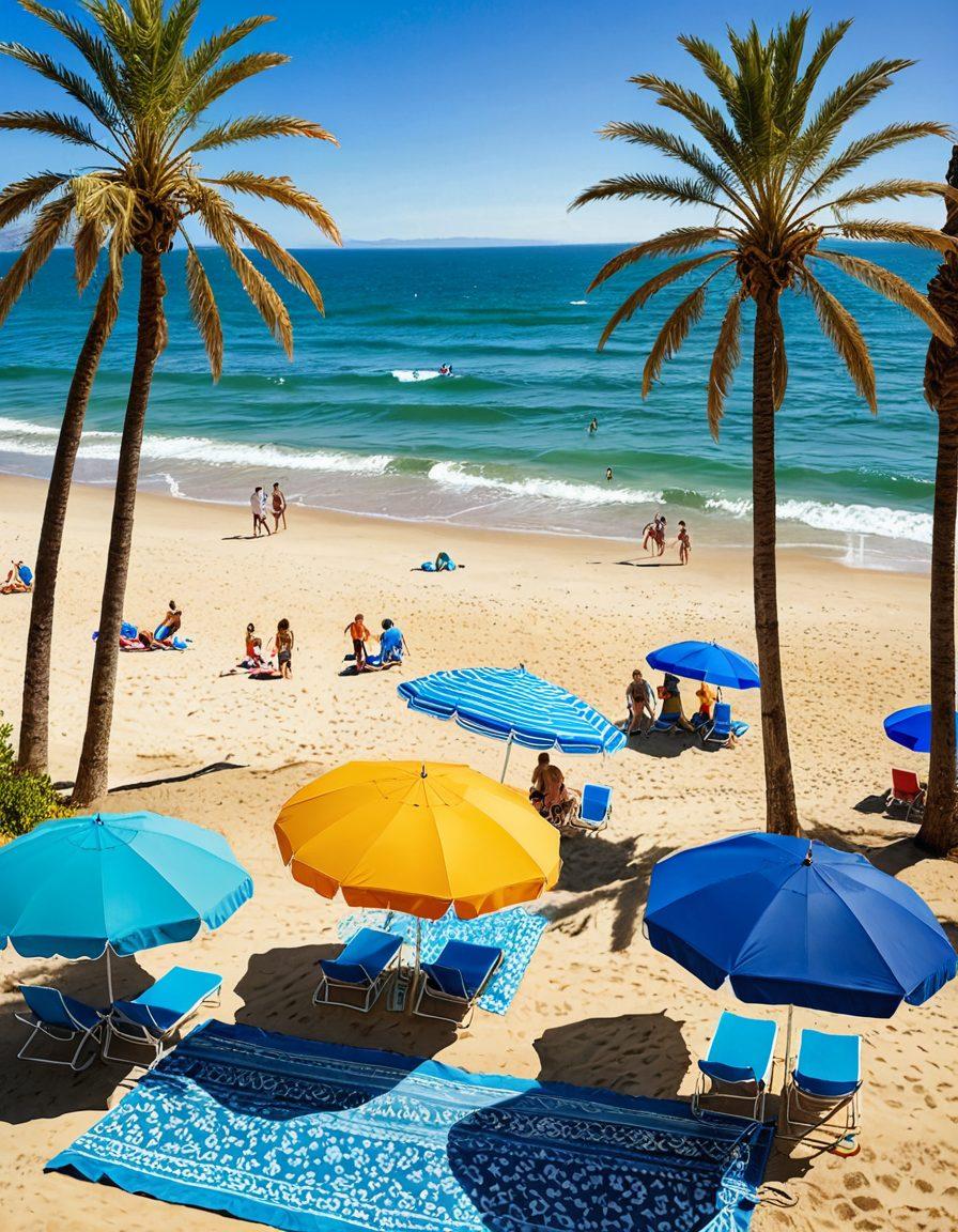 A sunny Riverside County beach scene with vibrant umbrellas, colorful swimwear choices, and people joyfully splashing in the water. Include a playful sandy area with a beach ball and a tax essentials checklist laid out on a towel. Incorporate palm trees swaying in the background, reflecting a lively summer vibe. hyper-realistic. bright colors. inviting atmosphere.