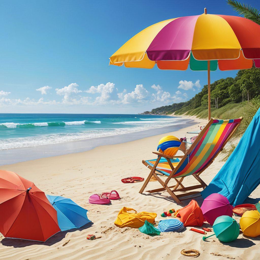 A sunny beach scene featuring a joyful family unpacking beach gear, surrounded by vibrant umbrellas and sandy shores, while nearby, there are signs detailing local government services like tax help and community resources. The image illustrates the harmony of leisure and practical financial advice, inviting viewers to blend relaxation with smart investing. super-realistic. vibrant colors. bright blue sky.